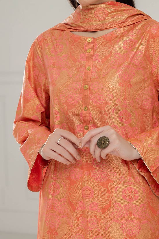 3 Piece Unstitched Gold and Lacquer Printed Lawn Suit CL-52358-B