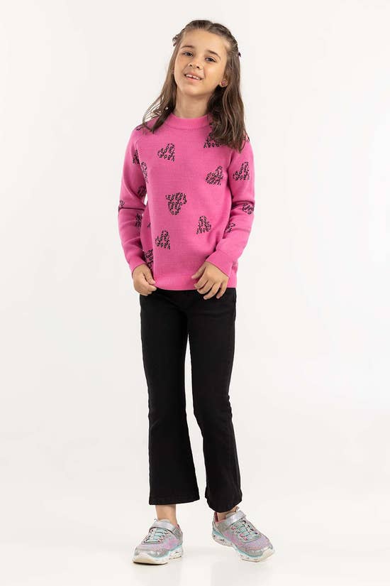 Junior Girl Pink Jacquard Sweater With Round Neck 224-411-002